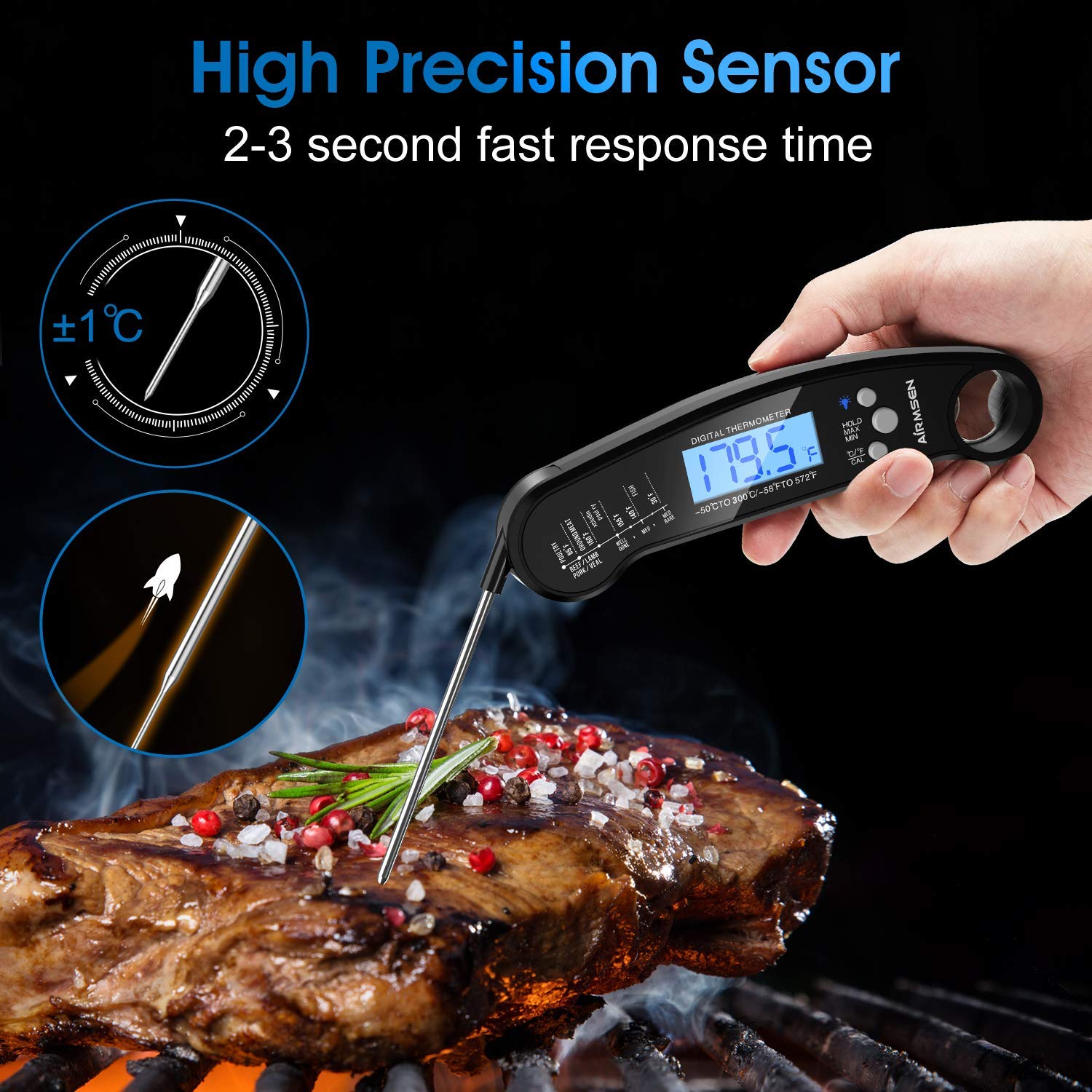 Airmsen Thermomètre à viande numérique à lecture instantanée pour griller et cuisiner thermomètre alimentaire étanche IP67 avec rétroéclairage et calibrage pour cuisine à huile