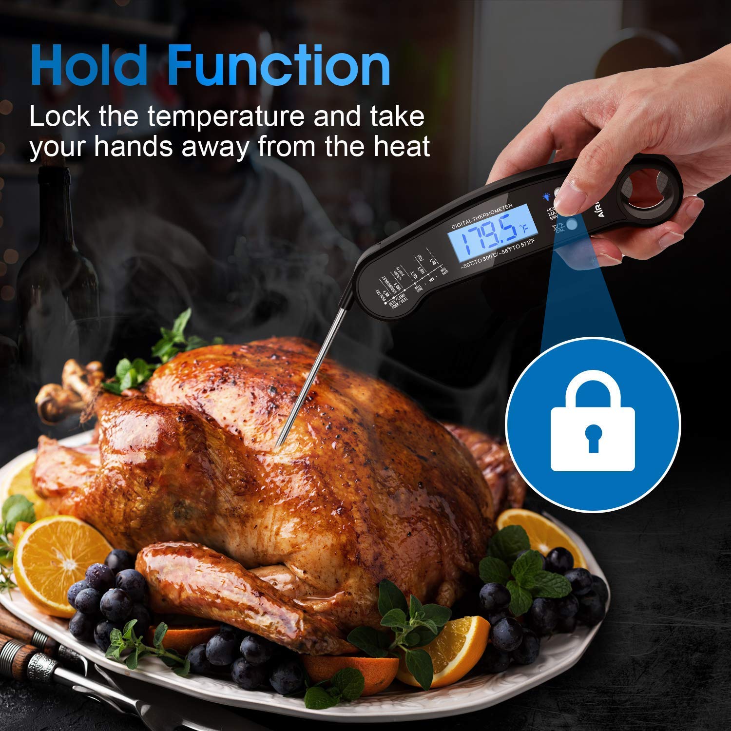Airmsen Thermomètre à viande numérique à lecture instantanée pour griller et cuisiner thermomètre alimentaire étanche IP67 avec rétroéclairage et calibrage pour cuisine à huile